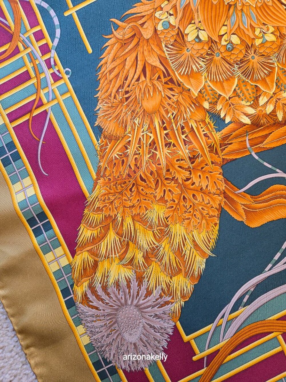 Ferragamo Silk Scarf Fox Flowers Leaves Hand Rolled Hems - Picture 8 of 13